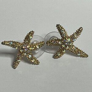Gold-Toned Sparkling Starfish Stud Earrings w/Iridescent Crystal Embellishments